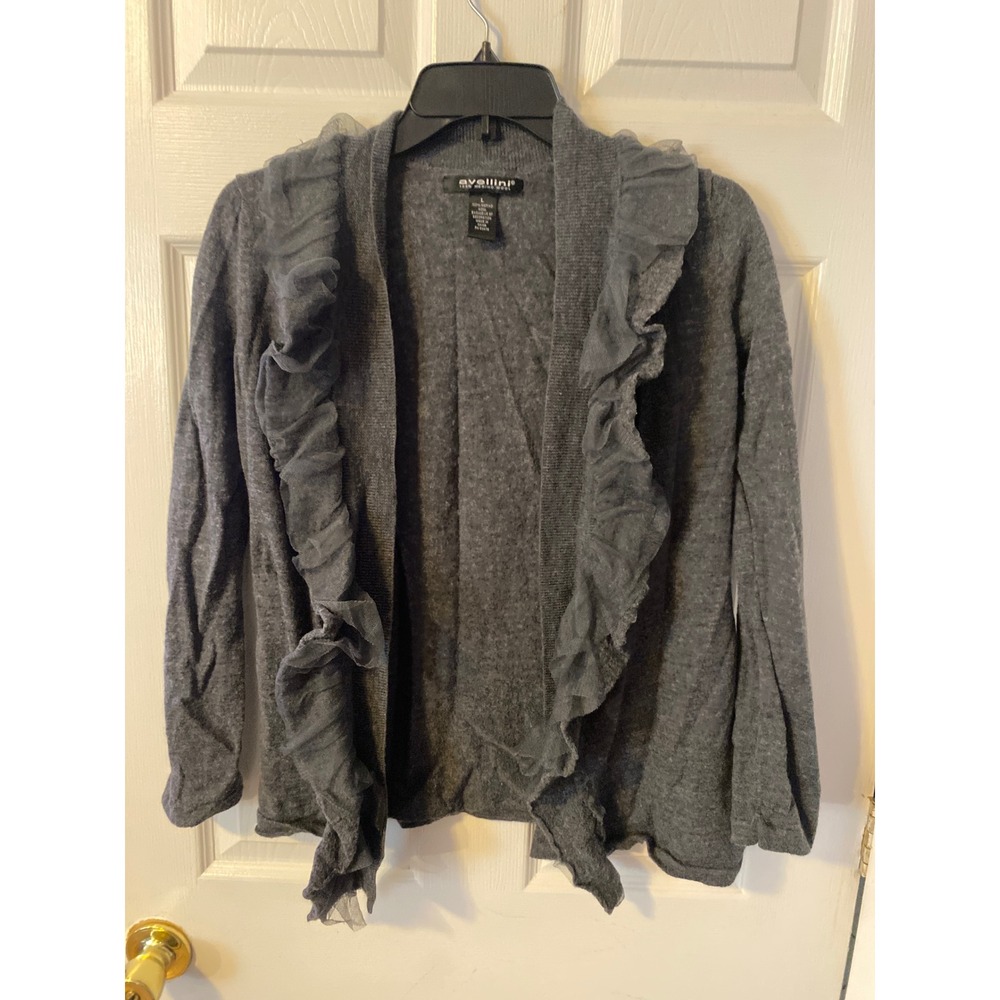 Avellini Womens Gray 100% Merino Wool Ruffle Mesh Trim Open Front Cardigan Large